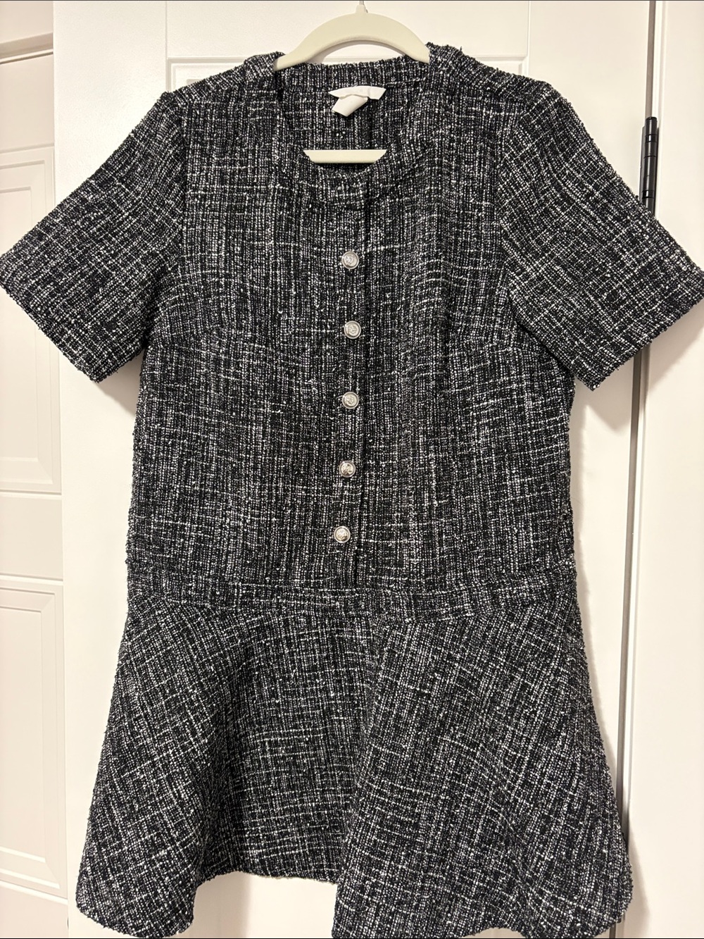 H&M Black and White Tweed Short-Sleeve Drop-Waist Dress
